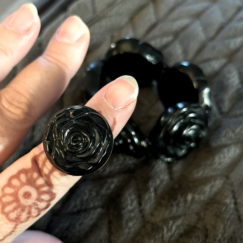 Chunky Black Plastic Rose Bracelet with Matching Anna Sui Poison Ring